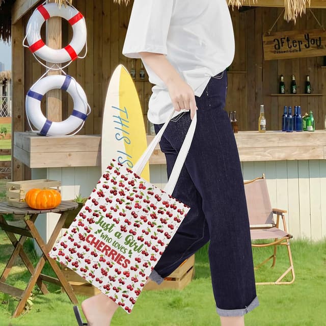 Thumbnail 6 de LEVLO Funny Cherry cotton canvas cosmetic bag – “Just A Girl Who Loves Cherries” zip pouch