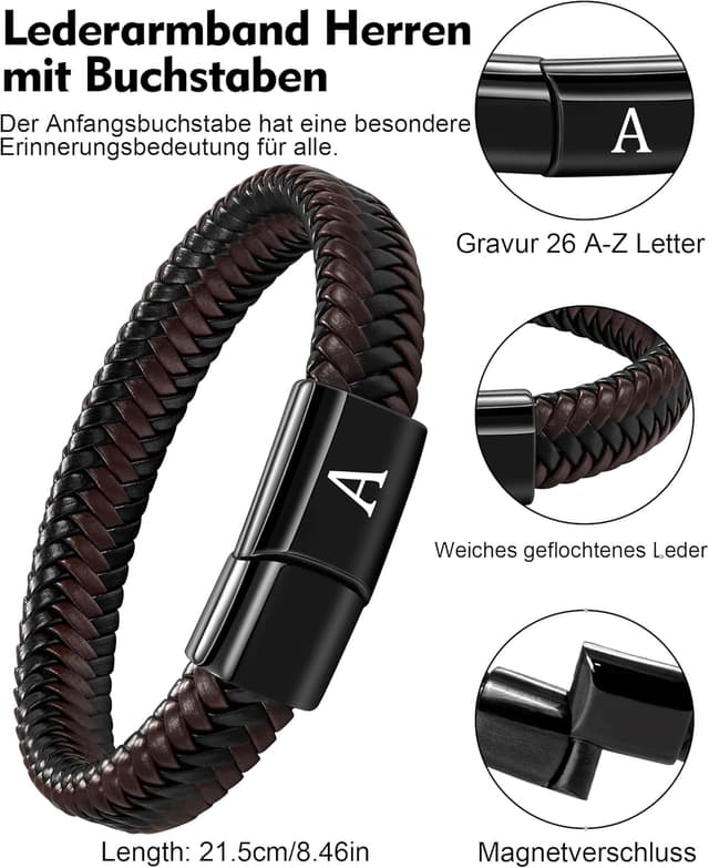 Detalle de HAYOUWAY Lederarmband für Herren mit Buchstaben (A–Z) und Magnetverschluss, braun