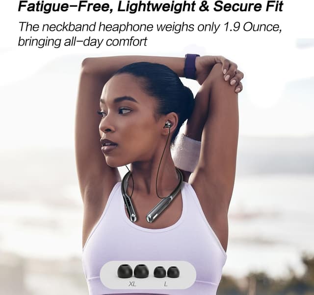 Detalle de NEOQOQO Wireless Neckband Earbuds (Bluetooth 5.4) with Built-In Mic, Deep Bass, 80H Playtime (Black)