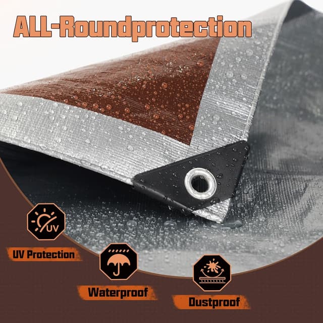 Detalle 2 de 30 x 50 ft Waterproof Heavy-Duty Tarp (10 Mil) – PE Plastic Insulated Cover with Rust-Proof Grommets, Silver/Brown