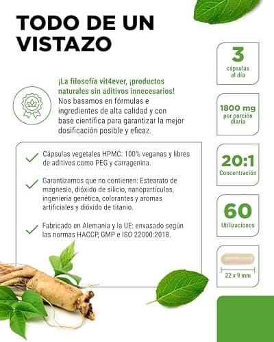 Detalle 2 de Ginseng Rojo Panax 180 Cápsulas 💊 1800 mg Vegano