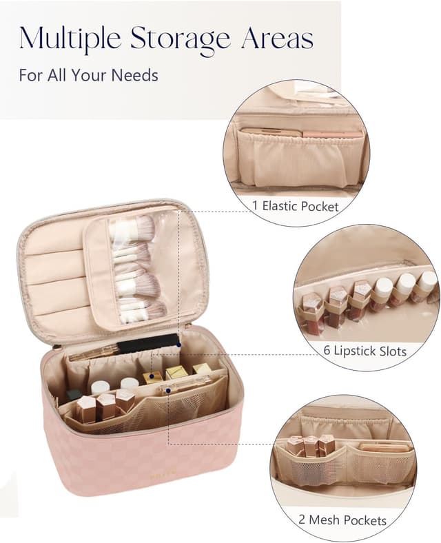Detalle 2 de Prite große Kosmetiktasche für Damen (24 x 16,5 x 12 cm) aus wasserfestem Leder – mit Griff und abnehmbarem Trenner (rosa kariert)