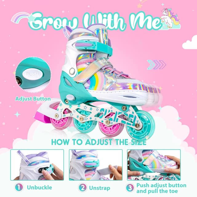 Detalle 2 de SULIFEEL Rainbow Unicorn Adjustable Inline Skates for Kids (4 Sizes) with Light-Up Wheels