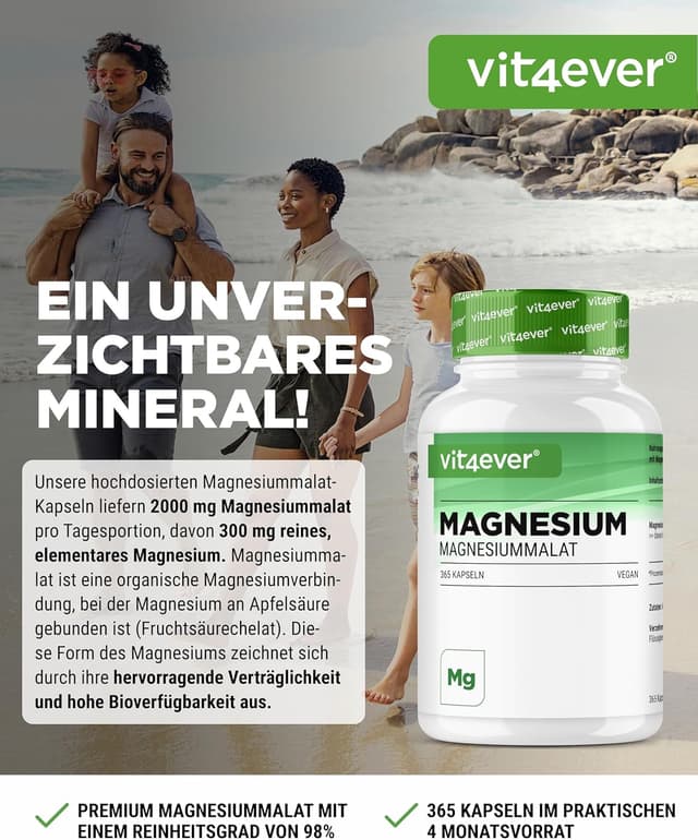 Detalle 2 de vit4ever Magnesium Malat (Magnesiummalat) – 365 vegane Kapseln, 2000 mg mit 300 mg elementarem Magnesium pro Tagesportion