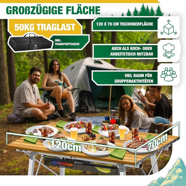 Detalle de KESSER® faltbarer Campingtisch mit Aluminiumrahmen, aufrollbarer Platte und Höhenverstellung (120 x 70 cm)