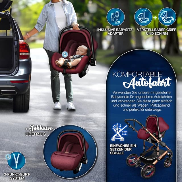 Detalle de KIDUKU 3-in-1 Kinderwagen XXL Komplettset (Buggy/Sportsitz, Babywanne & Auto-Babyschale)