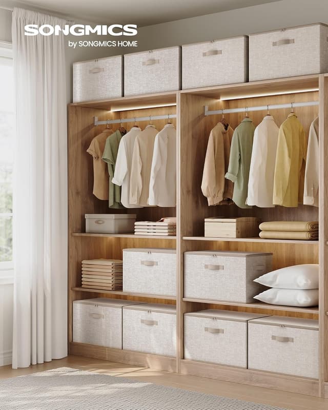 Detalle 2 de SONGMICS set di 3 scatole portaoggetti pieghevoli con coperchio e maniglie Beige Sabbia (50 x 30 x 30 cm)