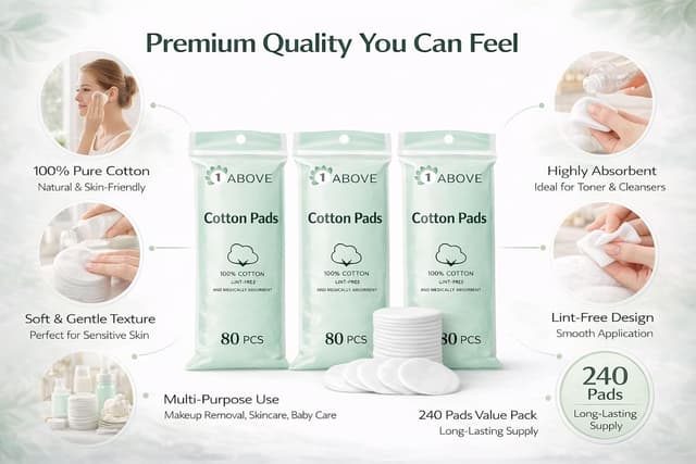 Detalle de 1ABOVE 240-Pack Round Cotton Wool Pads (100% Pure Cotton) for Daily Facial Cleansing & Makeup Removal