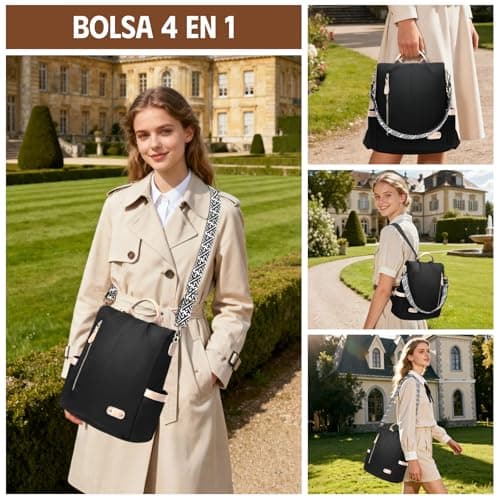 Detalle de ONETOALL Bolso Mochila Mujer antirrobo impermeable convertible con bolsillos RFID (negro)