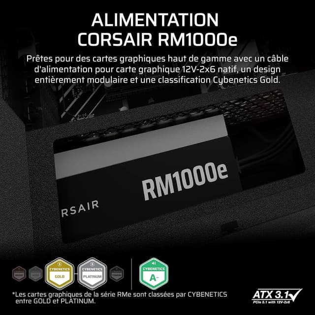 Detalle 2 de Corsair RM1000e (2025) — Alimentation ATX 1000W entièrement modulaire silencieuse, compatible ATX 3.1 et PCIe 5.1