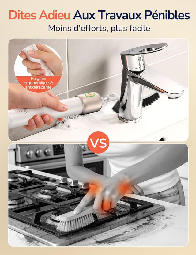 Detalle de Brosse de nettoyage électrique PalNests avec 2 têtes et 3 vitesses réglables