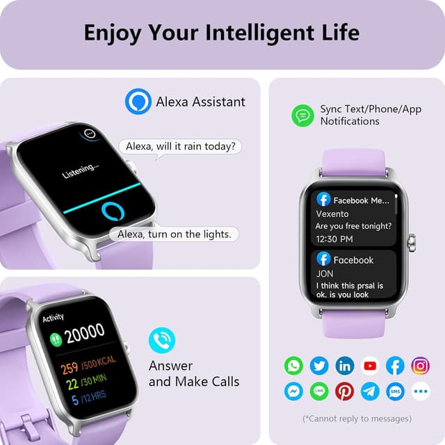 Detalle de Smart Watch for Men & Women (Alexa Built-in, Bluetooth Calling, 1.8" HD) with Heart Rate, SpO2 & Sleep, IP68 – Purple