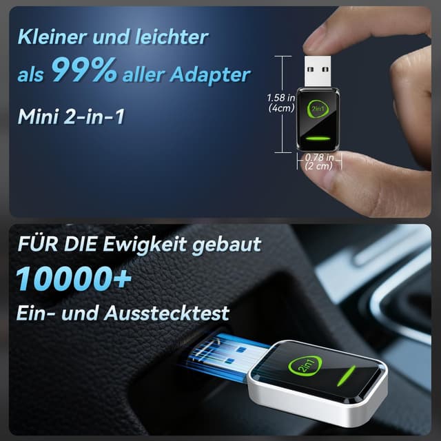 Detalle 2 de Hiloshine Wireless CarPlay Adapter & Android Auto Wireless Adapter (Plug & Play) – 2-in-1, mini, mit Auto-Reconnect für Autos ab 2016