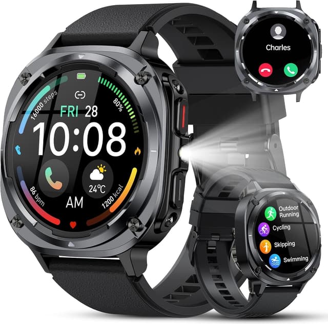 Detalle de Military Smart Watches for Men (Answer/Make Calls) 1.39–1.45" HD Fitness Watch with 114+ Sports Modes, IP68 (Black)