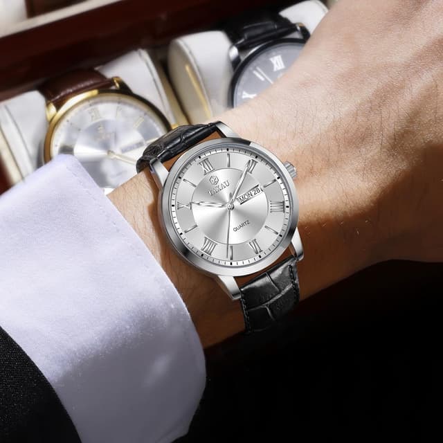 Detalle de Taxau Herrenarmbanduhr aus Leder mit großem Zifferblatt, Quarzwerk, Datum und 3ATM-Schutz