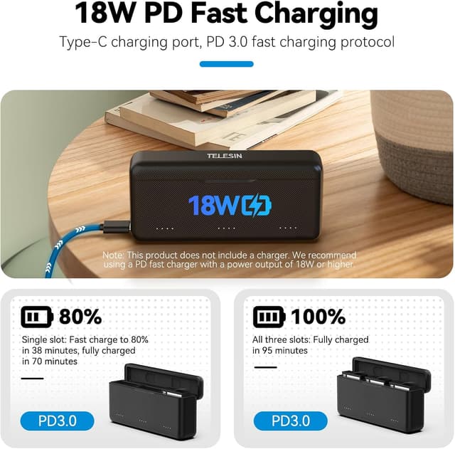 Detalle de TELESIN Osmo Action 6 / 5 Pro Osmo 360 Akkuladegerät – USB-Schnellladehülle mit USB‑C-Kabel