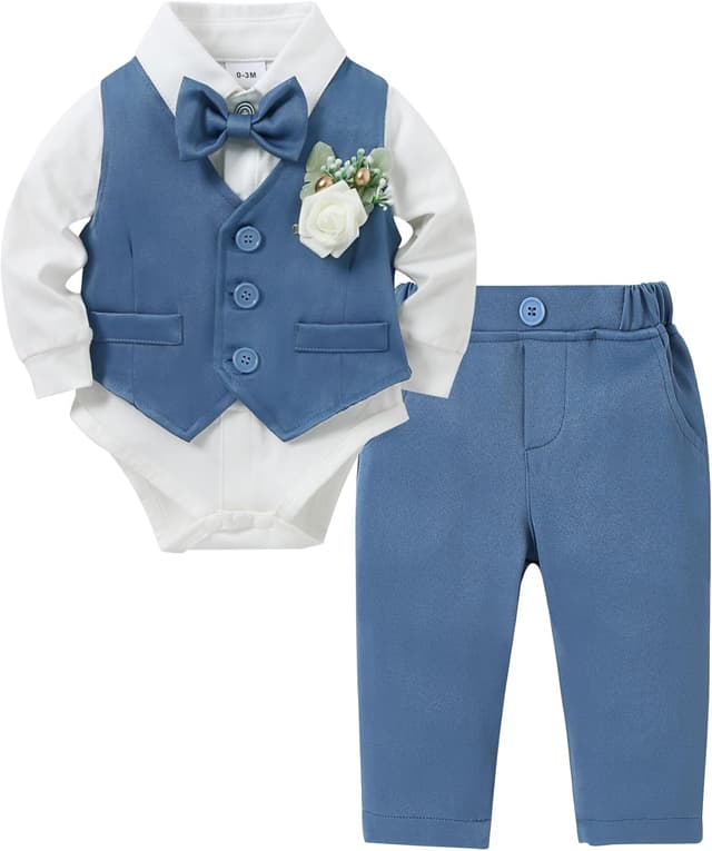 Detalle de Baby-Jungen Gentleman-Set (0–18 Monate) von ZOEREA: Langarm-Strampler mit Fliege, Weste, Korsage & Hosenträger