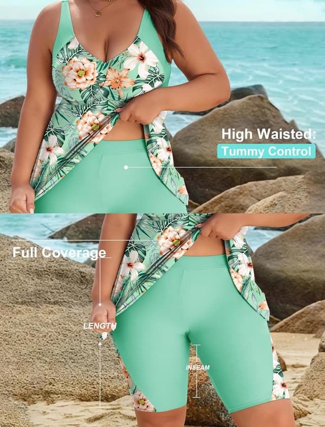 Detalle 2 de Arolina Plus Size Two-Piece Tankini Swimsuit with Shorts, Tummy Control & UV Protection