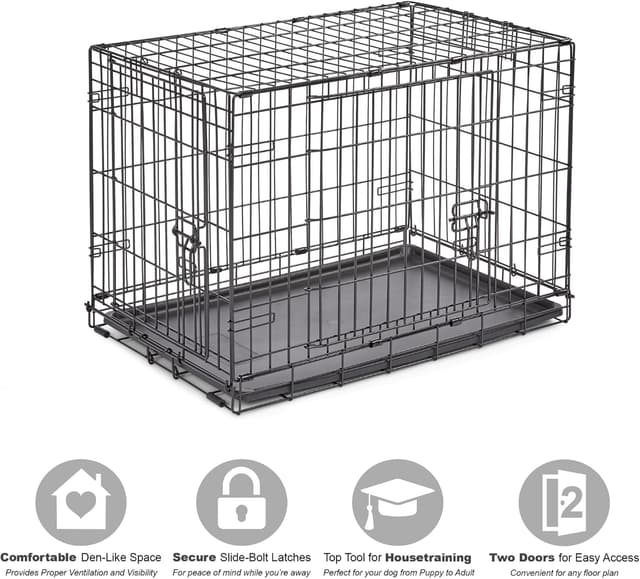 Detalle de New World Double Door Folding Metal Dog Crate (76 cm) with enhanced security and leak-proof pan