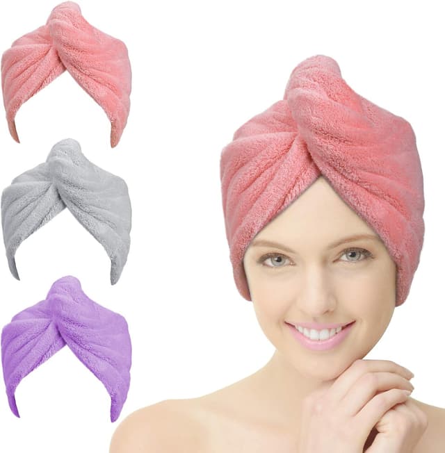 Detalle de ACWOO Handtuch Haarturban (3er-Set) – Turban-Handtuch aus Mikrofaser mit Knopf für langes Haar