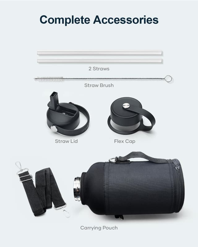 Detalle de Buzio 2L Stainless Steel Water Bottle with Straw Lid & Flex Cap (Black & Grey) – Double Wall Insulated