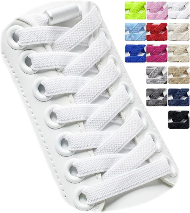 Detalle de Puzeam 2 Paar elastische Schnürsenkel (flach) mit Metallkapsel – Gummi-Schnürsenkel ohne Binden für Kinder & Erwachsene