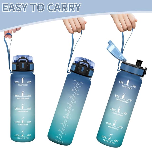 Detalle de Motswedi gourde de sport 1 l anti-fuite avec repères de temps et motivation (bleu & vert)