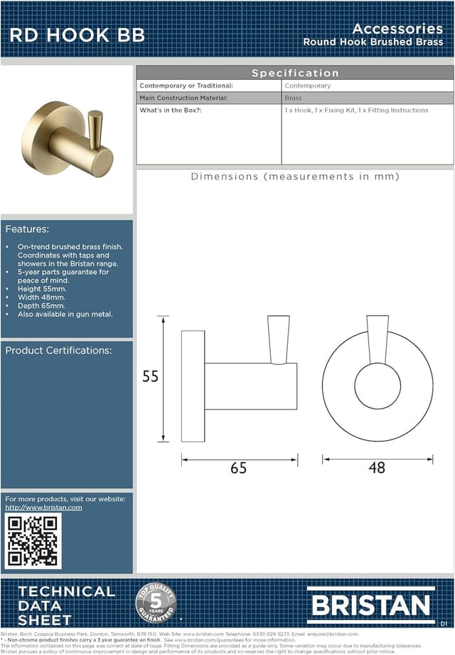 Detalle 2 de Bristan Round Hook in Brushed Brass