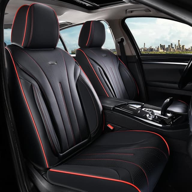 Detalle de Coverado Front Seat Covers (Nappa Leather Look) — Waterproof Universal 2-Pack for Most Cars, Black & Red Line