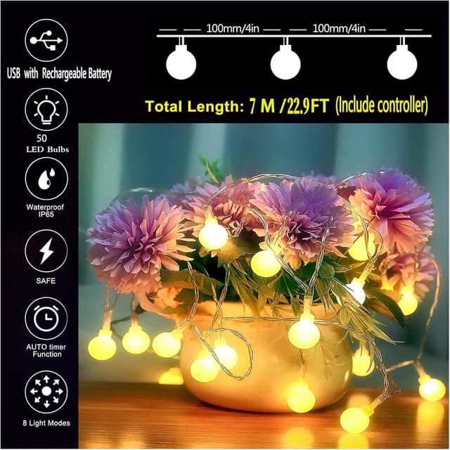 Detalle de Suplong Rechargeable Fairy Lights USB (8 lighting modes, 16ft/50 LEDs) waterproof fairy string lights