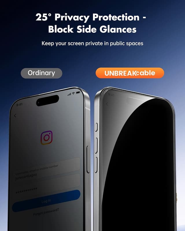 Detalle de UNBREAKcable Privacy Screen Protector for iPhone 15 Pro Max (6.7-Inch) — 2-Pack + Lens Protectors, 25° Anti-Spy Tempered Glass