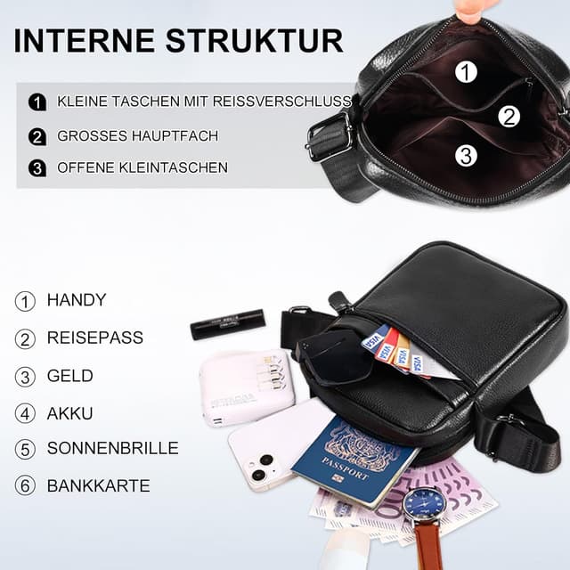 Detalle de Leathario Herren Umhängetasche aus echtem Leder – Schultertasche mit verstellbarer, gepolsterter Tragegurtsystem