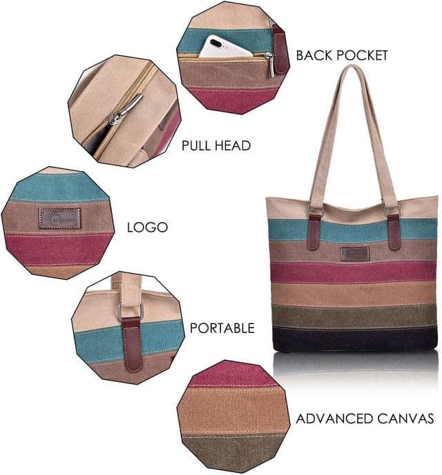 Detalle de CHEREEKI Striped Canvas Tote Bag (Multicolour) – washable shopper for school, work, travel