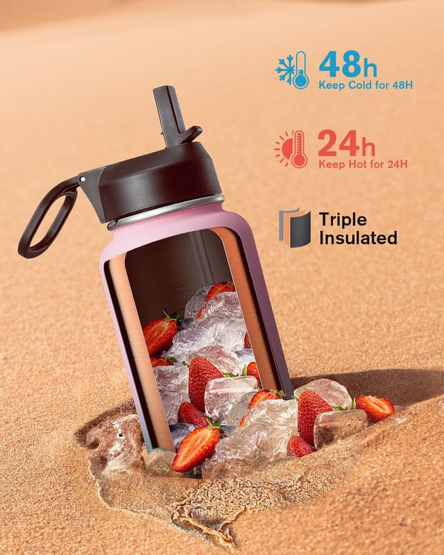 Detalle 2 de Coolflask 1180 ml : bouteille isotherme en métal avec paille et 3 couvercles (bubble gum)