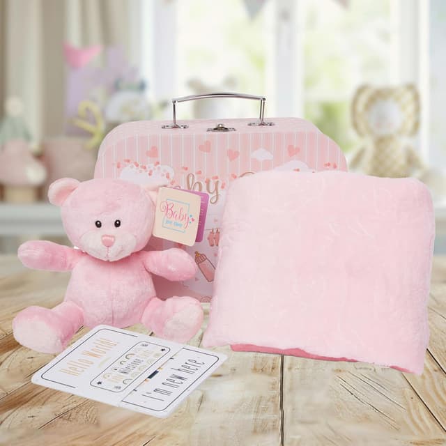 Detalle 2 de Baby Box Shop Newborn Baby Gift Set: Pink Teddy Hamper with Milestone Cards & Fleece Blanket