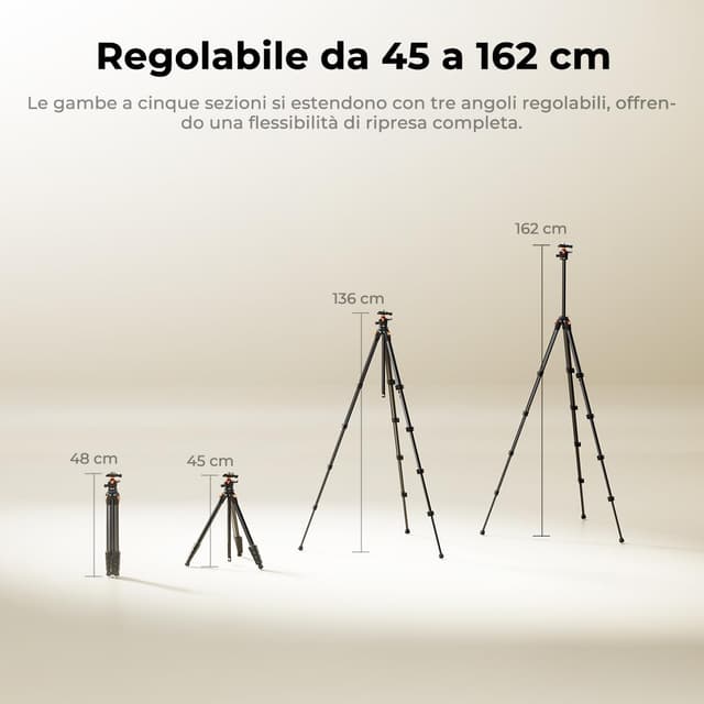 Detalle 2 de K&F CONCEPT Treppiede fotocamera 162 cm in alluminio compatto con borsa e piastra rapida (portata 10 kg)