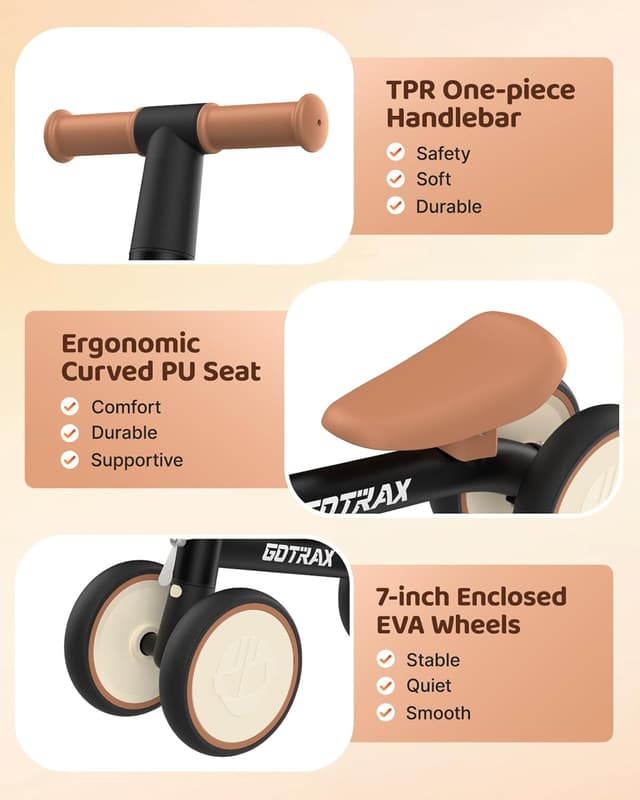 Detalle 2 de Gotrax Baby Balance Bike (1–2 Years) with 7" Silent Wheels, Soft Seat & Quick 2-Min Assembly (Black)