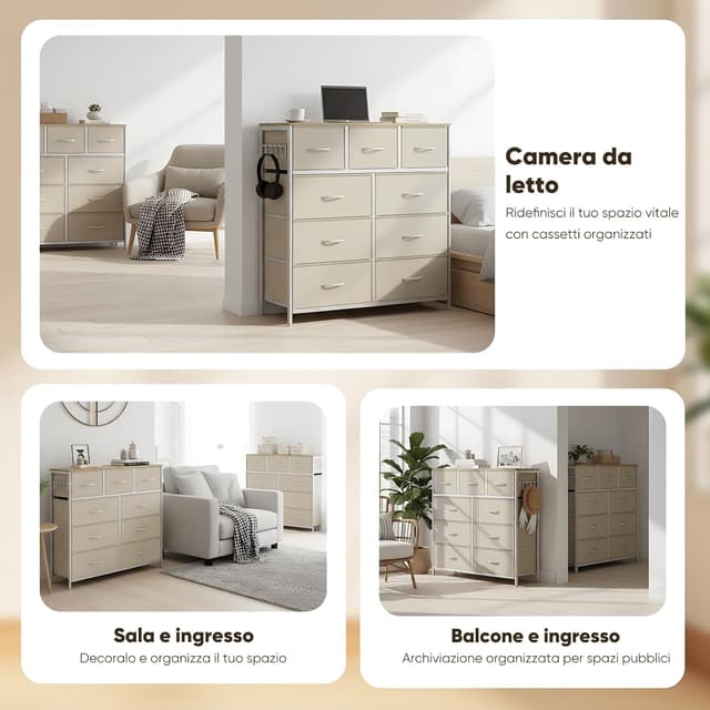 Thumbnail 6 de HOKEEPER Cassettiera in tessuto con 9 cassetti, mobile salvaspazio 100x30x100 cm (beige)