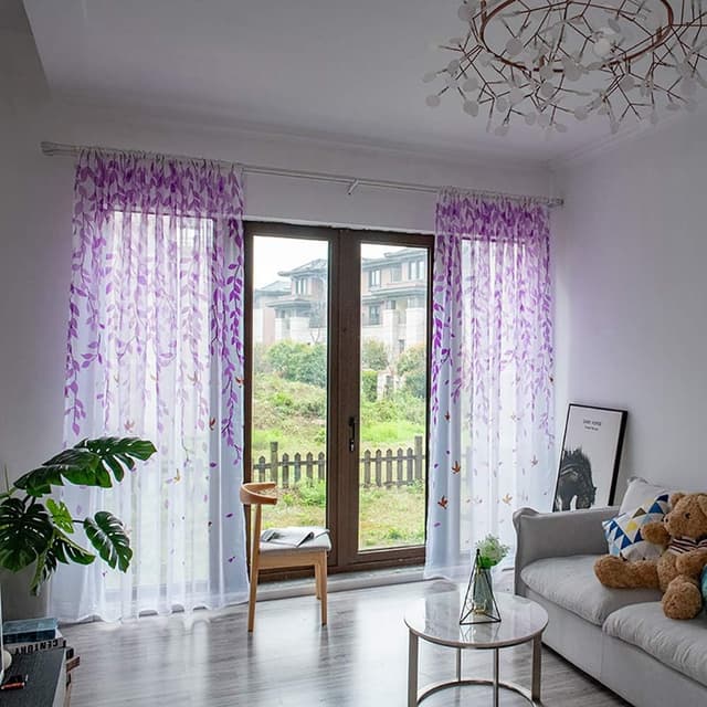Detalle 2 de Boyouth Swallows and Willow Branches Printed Voile Sheer Curtains (Purple) – 2 Panel Rod Pocket Drapes, for Bedroom & Living Room