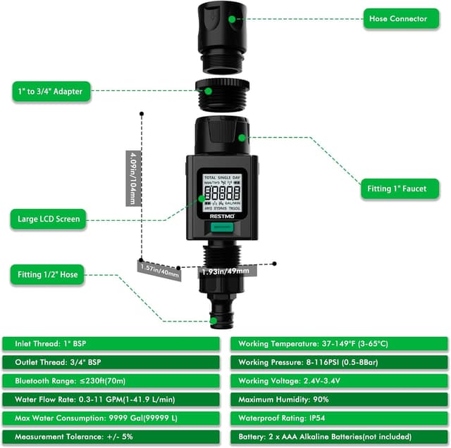 Detalle de Restmo Smart Water Flow Meter with Bluetooth for Garden Hoses and RV Tank Filling