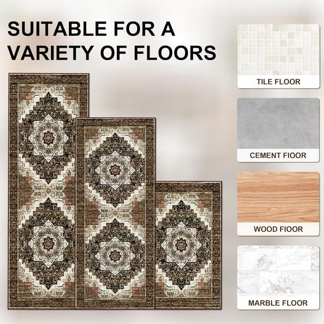 Detalle 2 de Tritard 3-Piece Non Slip Boho Kitchen Rug Set (Brown) – Washable Kitchen Mats for Runner, Hallway, and Laundry Room