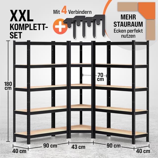 Detalle de Monzana 3er Set Schwerlastregal Eckregal (2625 kg) mit MDF-Platten, schwarz – modular & steckbar