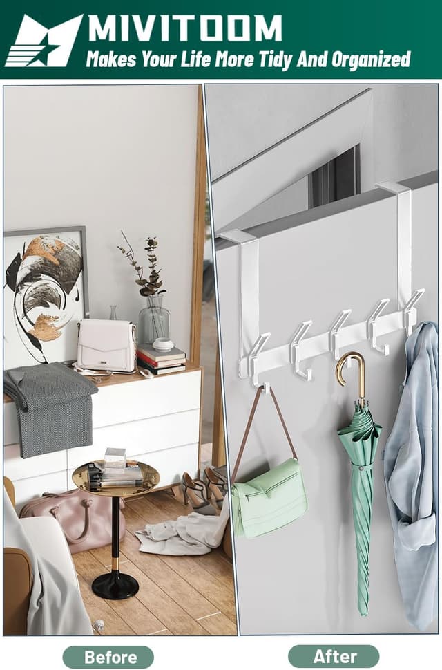 Detalle de MIVITOOM Over The Door Hook Hanger with 5 Coat Hooks (White) – space-saving storage for doors