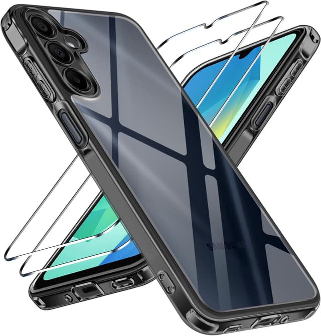 Detalle de Coque ivoler Anti-Jaunissement HD Clair pour Samsung Galaxy A16 4G / A16 5G + verre trempé (2 pièces) – Noir