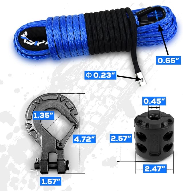 Detalle de Synthetic Winch Rope Kit (1/4 in x 50 ft) with 10,000 lb Break Strength, Blue UHMWPE Rope & Protective Sleeve