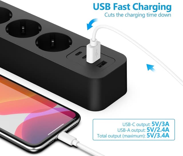 Detalle de JSVER ciabatta elettrica con 4 porte USB (2 USB-A + 2 USB-C), 4 m e adattatore: 3680 W/16 A, nero