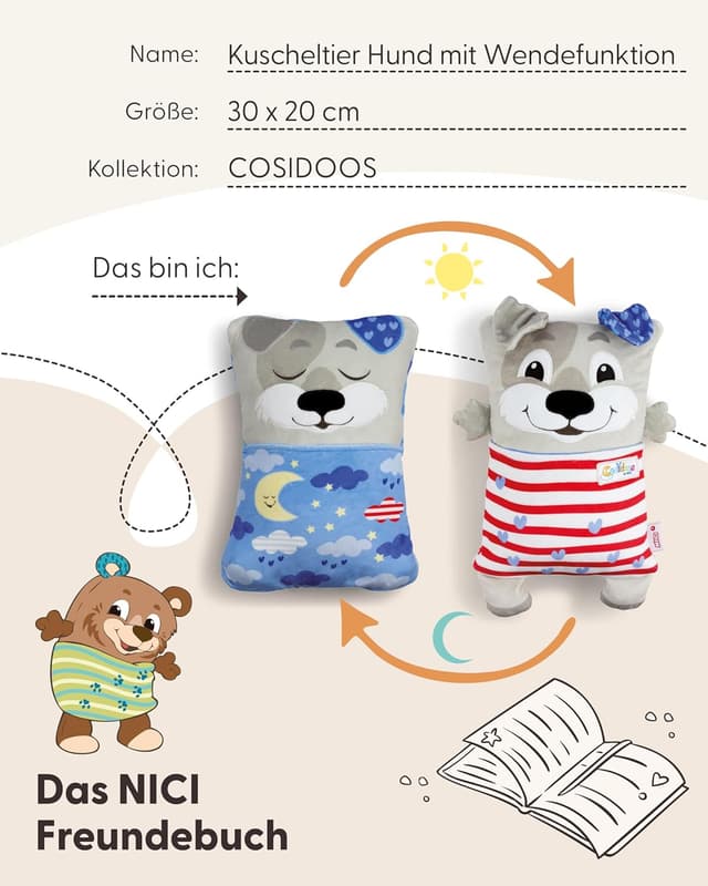Detalle de NICI Cosidoo Kuscheltier Hund mit Wendefunktion 30x20 cm, grau (62291) – weiches Plüschtier zum Kuscheln & Spielen