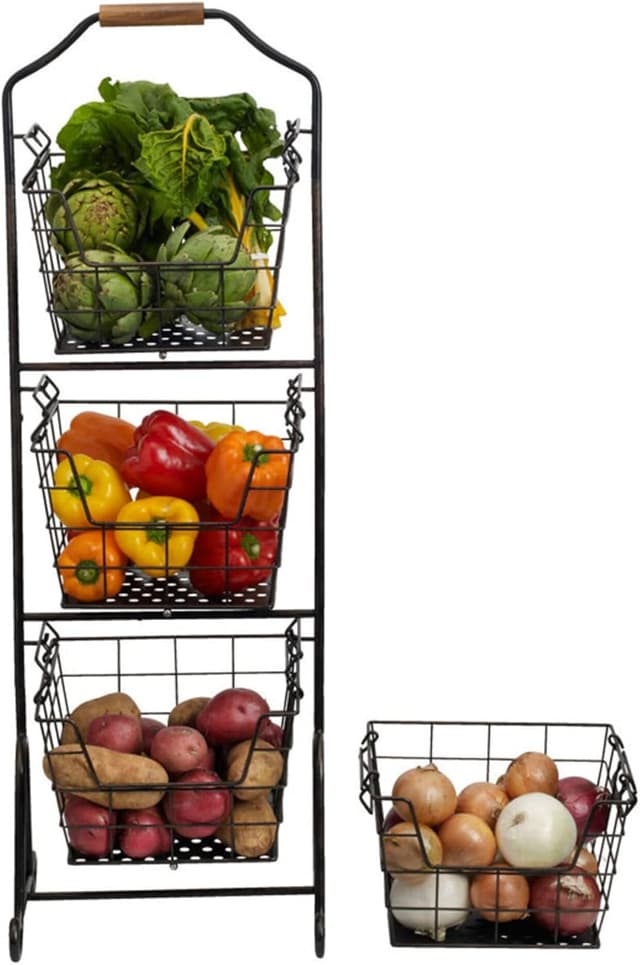 Detalle de Mikasa Gourmet Basics Ferme 4-Tier Market Basket with Antique Black Wire & Acacia Wood Handle