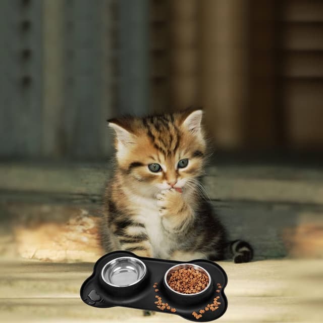 Detalle de Stainless steel double pet bowls with non-spill non-slip silicone mats (2 x 400ml) – for puppies, cats and small dogs