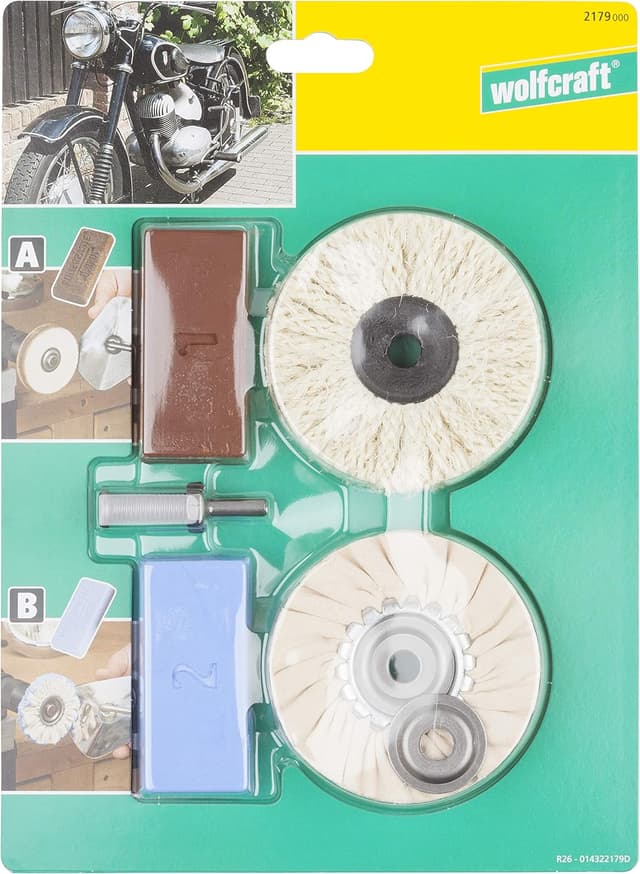 Detalle 2 de Set de polissage professionnel wolfcraft 2179000 : pâtes à polir, axe pilote, brosse sisal et disque coton souple